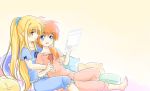  2girls alternate_hairstyle blonde_hair blue_eyes blush collarbone couple fate_testarossa hair_ornament happy hug hug_from_behind kerorokjy long_hair looking_at_another low-tied_long_hair lyrical_nanoha mahou_shoujo_lyrical_nanoha mahou_shoujo_lyrical_nanoha_a&#039;s multiple_girls open_mouth orange_hair pillow ponytail red_eyes red_ribbon ribbon scrunchie simple_background sitting smile takamachi_nanoha tongue yellow_background yuri 