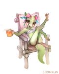  4_toes alcohol barefoot beer beverage chest_wraps claws clothing coonkun eyebrows feet female green_scales horn kobold legs_up looking_at_viewer open_mouth panties red_eyes scales scalie sharp_teeth sitting smile solo spread_toes teeth toes underwear wraps 
