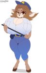  2019 anthro baton big_breasts breasts brown_eyes brown_hair cervid clothed clothing digital_media_(artwork) dongitos eyewear female glasses hair hi_res hooves huge_breasts hyper hyper_breasts mammal police_uniform simple_background solo uniform white_background 