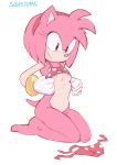  2019 amy_rose anthro bracelet breasts clothing countershading eulipotyphlan female gloves hair hairband hedgehog jewelry kneeling mammal pink_body pink_hair signature simple_background small_breasts solo sonic_(series) sooperman tan_countershading white_background 