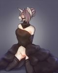  anthro blush clothed clothing equid female horn kneeling legwear looking_at_viewer mammal ni70 pussy reins simple_background solo solus_fortunes stockings unicorn 