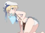  1girl all_fours ass bag bangs beret bikini blonde_hair blue_background blue_eyes blush bow character_name clothes_writing commentary_request eyebrows_visible_through_hair frilled_bikini frills grey_background hair_between_eyes hat hat_bow kantai_collection kirihota looking_at_viewer looking_back mouth_hold sailor_bikini sailor_collar shoulder_bag solo striped striped_bow swimsuit tupet twitter_username two-tone_background white_bikini white_headwear z1_leberecht_maass_(kantai_collection) 