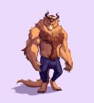  2018 4_toes anthro beast_(disney) beauty_and_the_beast biceps body_hair chest_hair clothed clothing disney facial_hair horn looking_at_viewer male mammal monster muscular muscular_male pants qwerty-0 simple_background solo stomach_hair toes topless 
