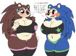  2019 animal_crossing anthro big_breasts blush breasts cleavage clothed clothing darkwolfhybrid dialogue digital_media_(artwork) embarrassed eulipotyphlan fluffy flustered hedgehog hi_res legwear looking_down mabel_able mammal navel nintendo open_mouth overweight panties sable_able sibling sister sisters slightly_chubby sweat sweatdrop thick_thighs thigh_highs underwear video_games wide_hips 
