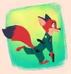  2019 abstract_background ambiguous_gender anthro barefoot belt black_and_white black_ears border canid canine clothed clothing dipstick_tail disney fox fuel_(artist) green_background green_eyes grey_border gun handgun holding_object holding_weapon mammal monochrome multicolored_tail necktie nick_wilde pistol police_uniform ranged_weapon red_fox running side_view simple_background solo uniform utility_belt weapon zootopia 