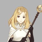 1girl absurdres blonde_hair bracelet dakkalot dress gloves hat highres jewelry long_hair looking_at_viewer necklace octopath_traveler ophilia_(octopath_traveler) short_hair simple_background smile solo staff yellow_eyes 