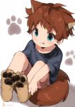  2019 animal_humanoid blue_eyes bottomwear brown_hair canid canid_humanoid canine canine_humanoid child clothed clothing dog_humanoid footprint hair hi_res humanoid male mammal mammal_humanoid pawpads pawprint paws shirt shorts simple_background solo thebrushking tongue tongue_out topwear white_background young 