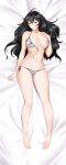  1girl absurdres ahoge alfred_cullado areolae ass_visible_through_thighs banned_artist barefoot bed_sheet bikini black_hair black_ribbon breasts collarbone dakimakura from_above full_body grey_bikini groin hair_between_eyes highres incredibly_absurdres large_breasts long_hair lying navel on_back on_bed paid_reward patreon_reward print_bikini raven_branwen red_eyes ribbon rwby shiny shiny_hair shiny_skin side-tie_bikini solo swimsuit untied untied_bikini very_long_hair 