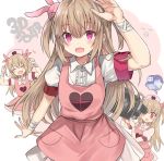  1girl apron arm_up arms_up bandages bangs bed blush bunny_hair_ornament camera closed_eyes commentary eyebrows_visible_through_hair fang hair_ornament hat heart highres holding holding_camera light_brown_hair long_hair multiple_views natori_sana nurse_cap open_mouth pink_apron pink_headwear pocket puffy_short_sleeves puffy_sleeves red_eyes retsuto sana_channel short_sleeves skin_fang thought_bubble two_side_up video_camera virtual_youtuber 