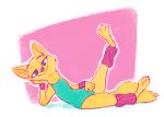  2019 anthro arm_support blue_eyes canid canine cheek_tuft claws clothed clothing disney elbow_tufts female fox fuel_(artist) half-closed_eyes hand_on_hip leaning_on_elbow leg_warmers legwear leotard mammal neck_tuft pink_background raised_leg simple_background skye_(zootopia) smile solo toe_claws tuft white_background wristband zootopia 