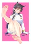  1girl :d absurdres animal_ears arm_support ass ass_grab atago_(azur_lane) azur_lane bare_legs barefoot black_hair blush breasts brown_eyes buttons feet gloves grabbing_own_ass hair_ribbon highres knees_up large_breasts leg_up long_hair long_sleeves looking_at_viewer mole mole_under_eye open_mouth panties pussy ribbon shirouzu_myuuta sitting smile solo spread_pussy taut_clothes thighs toes underwear uniform very_long_hair white_gloves white_panties white_ribbon 