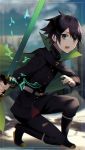  1boy absurdres ahoge black_cape black_footwear black_hair black_jacket black_pants blurry blurry_background cape day from_side green_eyes highres holding holding_sword holding_weapon hyakuya_yuuichirou jacket kiri_ph long_sleeves looking_at_viewer male_focus military military_jacket military_uniform open_mouth outdoors owari_no_seraph pants solo sword uniform weapon 