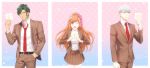  1girl 2boys ;d bangs belt belt_buckle black_belt bow brown_eyes brown_hair brown_jacket brown_pants brown_skirt buckle collared_shirt cowboy_shot danganronpa danganronpa_3 dress_shirt eyebrows_visible_through_hair floating_hair green_eyes green_hair hair_bow hand_in_pocket highres holding itohara jacket long_hair long_sleeves looking_at_viewer miniskirt multiple_boys munakata_kyousuke necktie one_eye_closed open_clothes open_jacket open_mouth pants pink_bow pleated_skirt red_neckwear sakakura_juuzou school_uniform shirt silver_hair skirt smile standing swept_bangs thigh_gap very_long_hair white_shirt wing_collar yukizome_chisa 