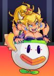  5_fingers angry animal_humanoid bent_over big_breasts black_clothing black_topwear blonde_hair blue_eyes bowser bowsette_meme bracelet breasts breath_powers claws cleavage clothed clothing collar crossgender crown dress ear_piercing female fire fire_breathing front_view grin hair hi_res horn humanoid humanoid_pointy_ears hybrid jewelry koopa long_tail mario_bros nintendo open_mouth open_smile piercing ponytail royalty scales scalie sharp_teeth shell smile solo spiked_bracelet spiked_collar spikes spudenski super_crown tan_skin teeth topwear turtle_shell video_games white_pupils yellow_scales 