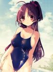  1girl :o ahoge bare_arms bare_shoulders blue_sky blue_swimsuit blush bow breasts brown_hair chain-link_fence cleavage cloud cloudy_sky collarbone commentary_request covered_navel day fence groin hair_bow head_tilt highres large_breasts long_hair looking_at_viewer new_school_swimsuit one-piece_swimsuit one_side_up original outdoors parted_lips pool red_bow red_eyes school_swimsuit signature sky solo swimsuit very_long_hair water wet wet_clothes wet_swimsuit yuzuki_gao 