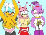  alexianbc amy_rose anthro blaze_the_cat blush breast_tickling breasts clothed clothing colored feathers laugh nipples rouge_the_bat sonic_(series) tickling topless topless_tickling 