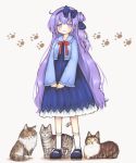  1girl :d animal azur_lane bangs blue_bow blue_dress blue_footwear blue_hairband blue_ribbon blue_shirt blush bow brown_background cat collarbone commentary_request dress full_body hair_between_eyes hair_bow hair_bun hair_ribbon hairband kneehighs long_hair long_sleeves mary_janes one_side_up open_mouth paw_background purple_eyes purple_hair red_bow ribbon sakurato_ototo_shizuku shadow shirt shoes side_bun sleeves_past_wrists smile solo standing unicorn_(azur_lane) very_long_hair white_legwear wide_sleeves 