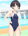  1girl absurdres ass_visible_through_thighs black_eyes black_hair black_swimsuit blue_sky breasts cloud commentary_request competition_swimsuit contrapposto day disconnected_mouth hand_on_hip highres looking_at_viewer one-piece_swimsuit original outdoors ponytail pool short_hair short_ponytail sky small_breasts smile solo swimsuit takafumi 