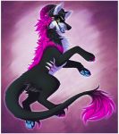  2016 black_fur black_sclera blue_pawpads canid canine citrinelle curved_horn digital_media_(artwork) feral fur green_eyes hair hi_res horn hybrid mammal open_mouth pawpads pink_hair simple_background solo teeth tongue 
