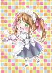  1girl absurdres brown_hair chibi cup green_eyes highres hikaru_(gevp7588) maid original smile tea teacup twintails 