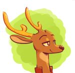  2019 abstract_background ambiguous_gender anthro antlers brown_eyes bust_portrait cervid clothed clothing fuel_(artist) green_background half-closed_eyes horn mammal micah_(fuel) portrait simple_background smile solo white_background 