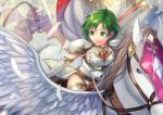  1girl animal armor breastplate elbow_gloves fire_emblem fire_emblem:_thracia_776 gloves green_eyes green_hair holding holding_spear holding_weapon horseback_riding karin_(fire_emblem) pauldrons pegasus polearm riding short_hair smile spear thighhighs weapon 