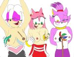  alexianbc amy_rose anthro blaze_the_cat blush breast_tickling breasts clothed clothing colored feathers hi_res laugh nipples rouge_the_bat sonic_(series) tickling topless topless_tickling 