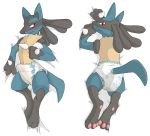  2019 anthro bed blush body_pillow butt canid canine diaper digital_media_(artwork) embarrassed erection looking_at_viewer lucario lying male mammal nintendo on_back on_front pillow pok&eacute;mon pok&eacute;mon_(species) poofy_dragon urine video_games wet_diaper wetting 