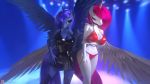  16:9 2019 3d_(artwork) anthro anthrofied bikini blue_eyes blue_hair boots breasts choker cleavage clothed clothing collar digital_media_(artwork) dress duo eqamrd equid fan_character female footwear friendship_is_magic hair hi_res horn leather mammal my_little_pony pose princess_celestia_(mlp) princess_luna_(mlp) princess_molestia purple_eyes purple_hair rubber swimwear winged_unicorn wings 