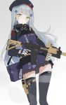  1girl assault_rifle bangs beret black_headwear black_legwear blunt_bangs breasts eyebrows_visible_through_hair facial_mark girls_frontline gloves green_eyes grey_skirt gun h&amp;k_hk416 hair_ornament hat highres hk416_(girls_frontline) holding holding_gun holding_weapon hor long_hair looking_to_the_side medium_breasts military_jacket pleated_skirt rifle silver_hair skirt solo teardrop thighhighs weapon white_gloves 