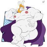  1:1 2019 5_fingers anthro asgore_dreemurr backsack balls beard biceps blonde_hair bobthetanuki boss_monster bovid butt cape caprine clothing crown facial_hair hair hi_res horn long_ears looking_at_viewer lying male mammal muscular muscular_male nipples nude on_side pecs perineum presenting presenting_hindquarters simple_background solo undertale video_games white_background 