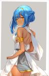  bare_back bare_legs bare_shoulders blue_hair breasts dress gold gold_bracelet grey_background highres looking_at_viewer looking_back miniskirt mosta_(lo1777789) original replaceme see-through shirt sideboob skirt white_shirt yellow_eyes 