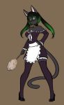  2018 anthro apron bell_collar breasts brown_background chest_tuft clothing collar domestic_cat eyewear feather_duster felid feline felis female footwear glasses green_eyes hair hand_on_hip hi_res high_heels legwear maid_uniform mammal pigeon_toed pigtails scorpdk shoes simple_background smile solo standing stockings tharkis tuft uniform 
