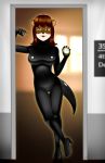  2019 absurd_res anthro big_breasts bodysuit breasts buffbumblebee classroom clock clothed clothing digital_media_(artwork) doorway eyewear female footwear fur glasses hair hi_res high_heels leaning long_hair lutrine mammal mustelid open_mouth pocketwatch rubber school shoes skinsuit smile solo standing teacher text tight_clothing tight_clothng watch 