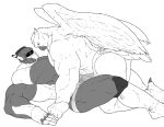  absurd_res anthro avian beak bulge clothed clothing duo feathered_wings feathers greyscale grinding hi_res machine male male/male monochrome mr_canvas muscular muscular_male penis_outline robot topless underwear wings 