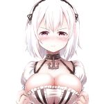  1girl anchor_choker anchor_symbol azur_lane black_choker blush breasts choker cleavage closed_mouth embarrassed frilled_choker frills frown hair_between_eyes hair_intakes hands_up lace-trimmed_hairband large_breasts looking_at_viewer nitchi puffy_short_sleeves puffy_sleeves pulled_by_self red_eyes short_hair short_sleeves simple_background sirius_(azur_lane) solo upper_body v-shaped_eyebrows white_background white_frills white_hair 