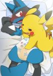  2019 ambiguous_gender anthro bed blush canid canine diaper digital_media_(artwork) duo embarrassed feral hi_res lucario mammal musical_note naughty_face nintendo pikachu pok&eacute;mon pok&eacute;mon_(species) rodent rubbing satsuki_rabbit urine video_games wet_diaper wetting 