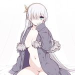  1girl anastasia_(fate/grand_order) bangs blue_eyes blush breasts chan_co collarbone earrings eyebrows_visible_through_hair fate/grand_order fate_(series) fur_trim hair_over_one_eye hairband hand_up highres jewelry large_breasts long_hair long_sleeves looking_at_viewer naked_coat navel silver_hair sitting solo very_long_hair 