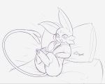  2018 bed blush crossed_legs eeveelution espeon female feral interspecies kekitopu lying monochrome nintendo pillow pok&eacute;mon pok&eacute;mon_(species) pok&eacute;philia pomf pussy simple_background solo video_games 