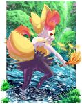  2019 absurd_res black_fur braixen canid canine detailed_background ear_tuft female fire fur hi_res inner_ear_fluff looking_back mammal multicolored_fur nintendo pawpads plattyneko pok&eacute;mon pok&eacute;mon_(species) pussy rear_view red_eyes solo standing stick tuft video_games water wet white_fur yellow_fur 