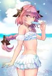  1boy ass astolfo_(fate) bangs bare_shoulders bikini bikini_skirt black_bow blue_sky bow braid cloud cloudy_sky commentary_request day eyebrows_visible_through_hair fate/grand_order fate_(series) food frills from_behind hair_between_eyes hair_bow hair_intakes hair_ribbon in_mouth long_hair looking_at_viewer male_focus multicolored_hair ooshima_aki open_mouth otoko_no_ko outdoors pink_bow pink_hair popsicle purple_eyes ribbon single_braid sky smile solo standing streaked_hair striped striped_bikini sun swimsuit 