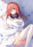  1girl alternate_legwear ass bangs bare_shoulders bed_sheet bison_cangshu blue_eyes breasts brown_hair cleavage dress garter_straps gloves go-toubun_no_hanayome hair_between_eyes hand_up headdress headphones headphones_around_neck highres knees_up long_hair looking_at_viewer lying medium_breasts nakano_miku on_back parted_lips petals sash solo thighhighs wedding_dress white_dress white_gloves white_legwear 