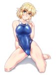 1girl arm_behind_back ass_visible_through_thighs bangs bare_arms bare_legs bare_shoulders barefoot blonde_hair blue_swimsuit blush breasts collarbone commentary_request eyebrows_visible_through_hair green_eyes groin hair_between_eyes hand_up head_tilt kneeling large_breasts mizuhashi_parsee nose_blush one-piece_swimsuit ootsuki_wataru pointy_ears shadow short_hair simple_background solo sweat swimsuit thighs touhou white_background 