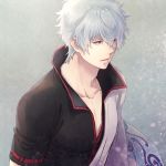  1boy black_eyes black_shirt collarbone da_raku gintama grey_background hair_between_eyes male_focus parted_lips sakata_gintoki shirt short_sleeves silver_hair solo upper_body 