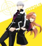  1boy 1girl ;d back-to-back black_jacket black_pants black_skirt bow brown_hair couple danganronpa danganronpa_3 floating_hair green_eyes grey_eyes hair_bow index_finger_raised itohara jacket leaning_back leaning_forward locked_arms long_hair long_sleeves looking_at_viewer medium_skirt munakata_kyousuke necktie one_eye_closed open_mouth pants print_neckwear purple_neckwear silver_hair skirt smile very_long_hair white_bow yukizome_chisa 