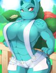  2019 abs anthro anthrofied bottomwear breasts clothing detailed_background female ivysaur looking_at_viewer muscular muscular_female nintendo overalls pok&eacute;mon pok&eacute;mon_(species) red_eyes reptile scalie shorts skwidbone solo video_games 