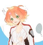  1girl :d bandaged_hand blonde_hair collarbone eyebrows_visible_through_hair freyja_wion green_eyes hair_between_eyes hair_ornament heart heart_hair_ornament jacket macross macross_delta multicolored_hair open_clothes open_jacket open_mouth orange_hair pote-mm shirt short_hair sketch smile solo thought_bubble two-tone_hair upper_body wet wet_clothes wet_shirt white_background white_jacket white_shirt 