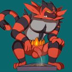 1:1 2019 3_toes asbel_lhant blush claws crouching digital_media_(artwork) fire flustered fur grin hi_res incineroar invalid_tag litter litter_box looking_at_viewer male nintendo peeing penis pok&eacute;mon pok&eacute;mon_(species) simple_background smile snout solo teeth toes uncut urine video_games watersports yellow_sclera 