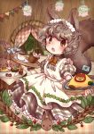  1girl acorn animal animal_ears apron basket blush brown_eyes brown_hair coffee curly_hair dress drinking eating food indoors ketchup maid maid_apron maid_headdress mokarooru omurice original plaid plaid_dress short_hair squirrel squirrel_girl squirrel_tail sugar_cube tail tray 