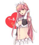  1girl :d bird black_sleeves blush bra breasts brown_eyes cleavage crow detached_sleeves fate/grand_order fate_(series) gloves groin hand_in_hair head_tilt long_hair long_sleeves medb_(fate)_(all) midriff navel nm222 open_mouth pink_hair shiny shiny_hair simple_background small_breasts smile solo standing stomach underwear very_long_hair white_background white_bra white_gloves 